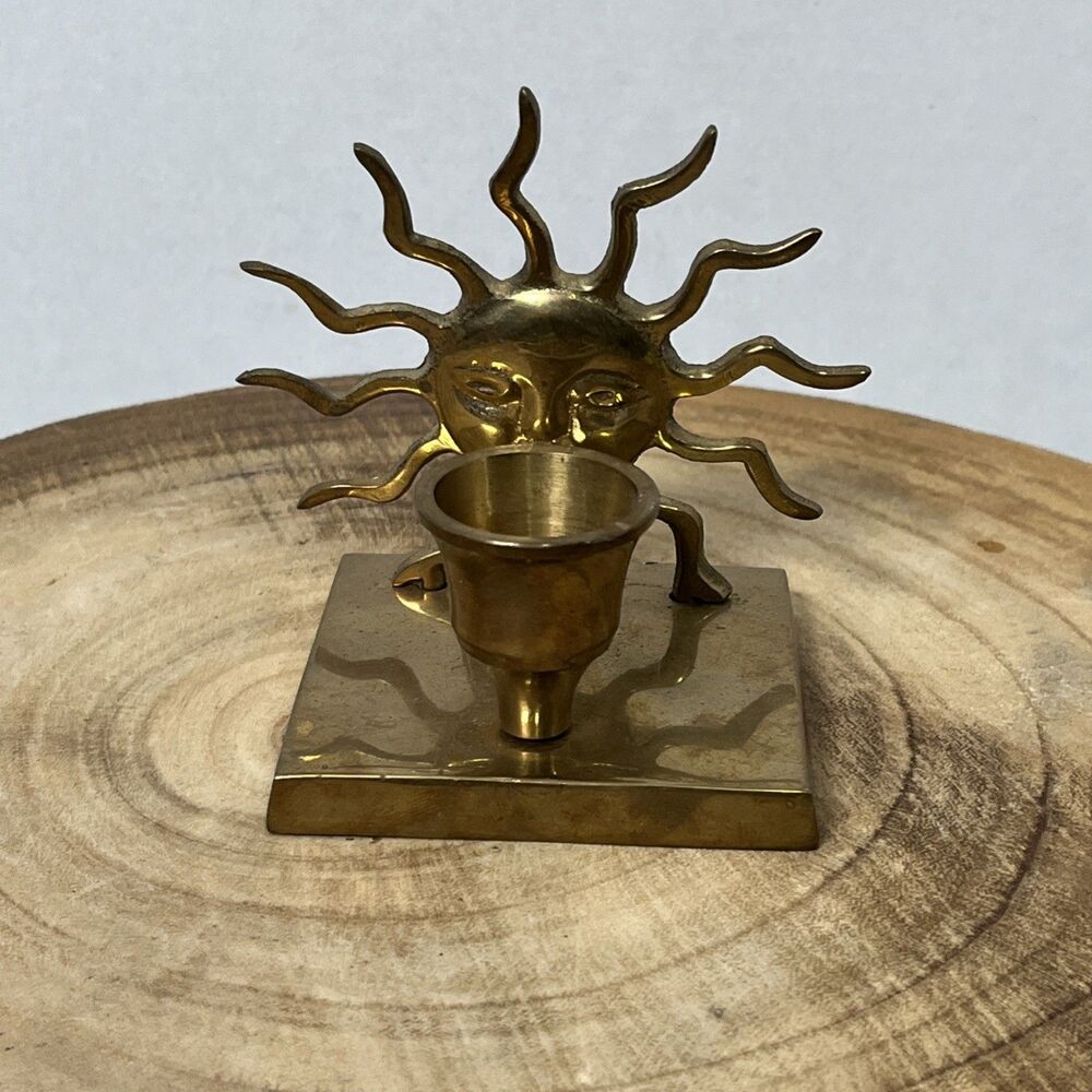 Vintage HTF Rare Brass Sun Motif Celestial Candlestick Candle Holder